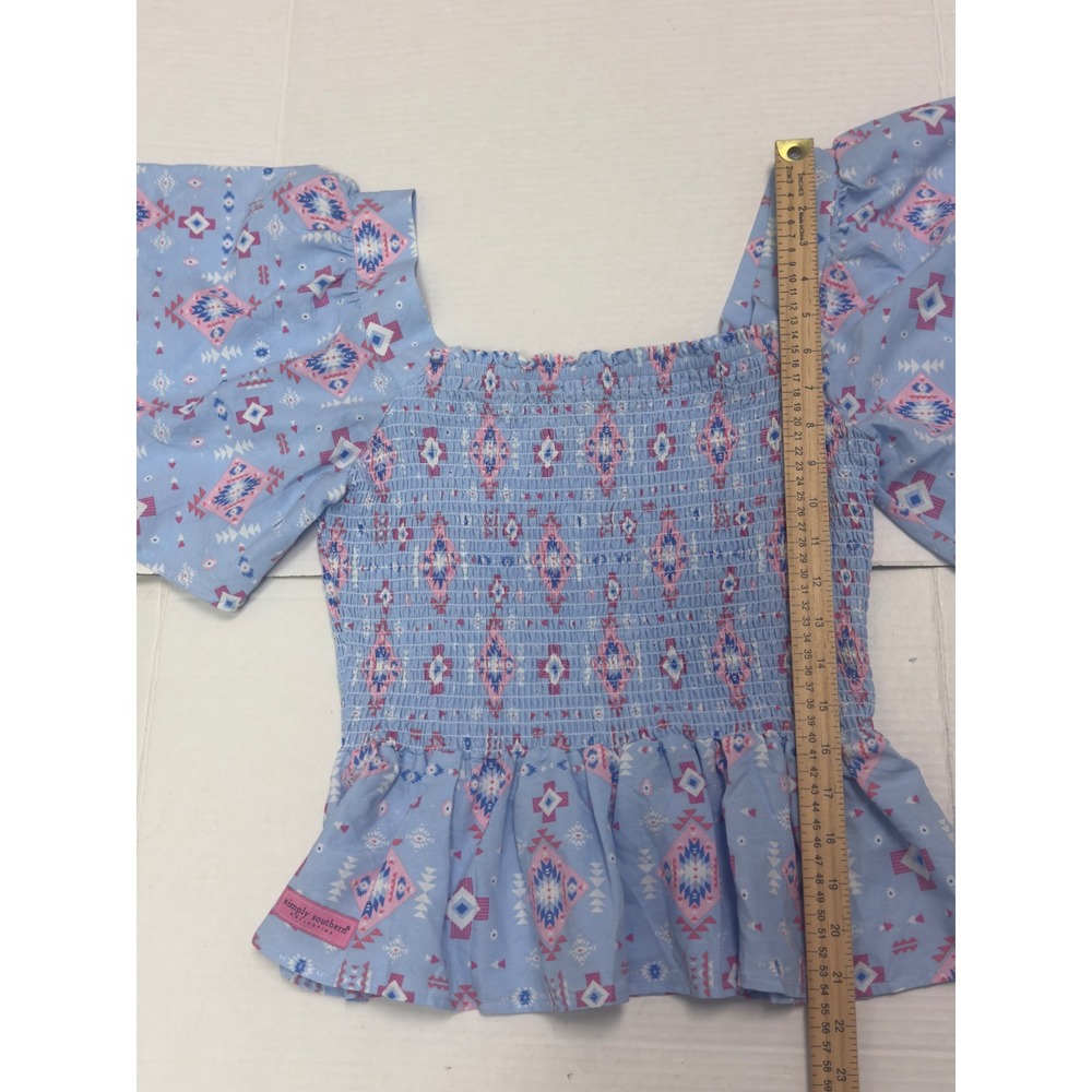 Simply Southern Peplum Top Womens M Blue Pink Aztec Smocked Flutter Sleeve - Picture 7 of 9